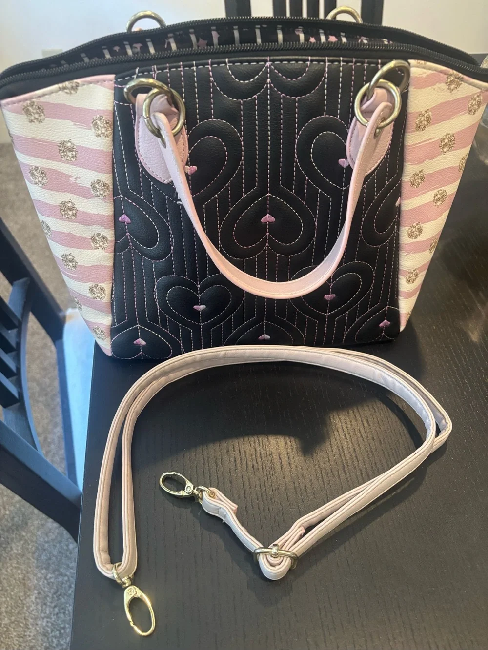 Betsy Johnson Quilted Heart Accent Tote Bag in Black and Pink